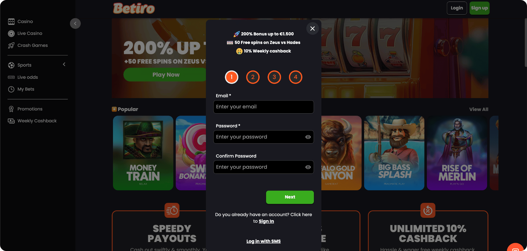 Betiro screenshot van de startpagina