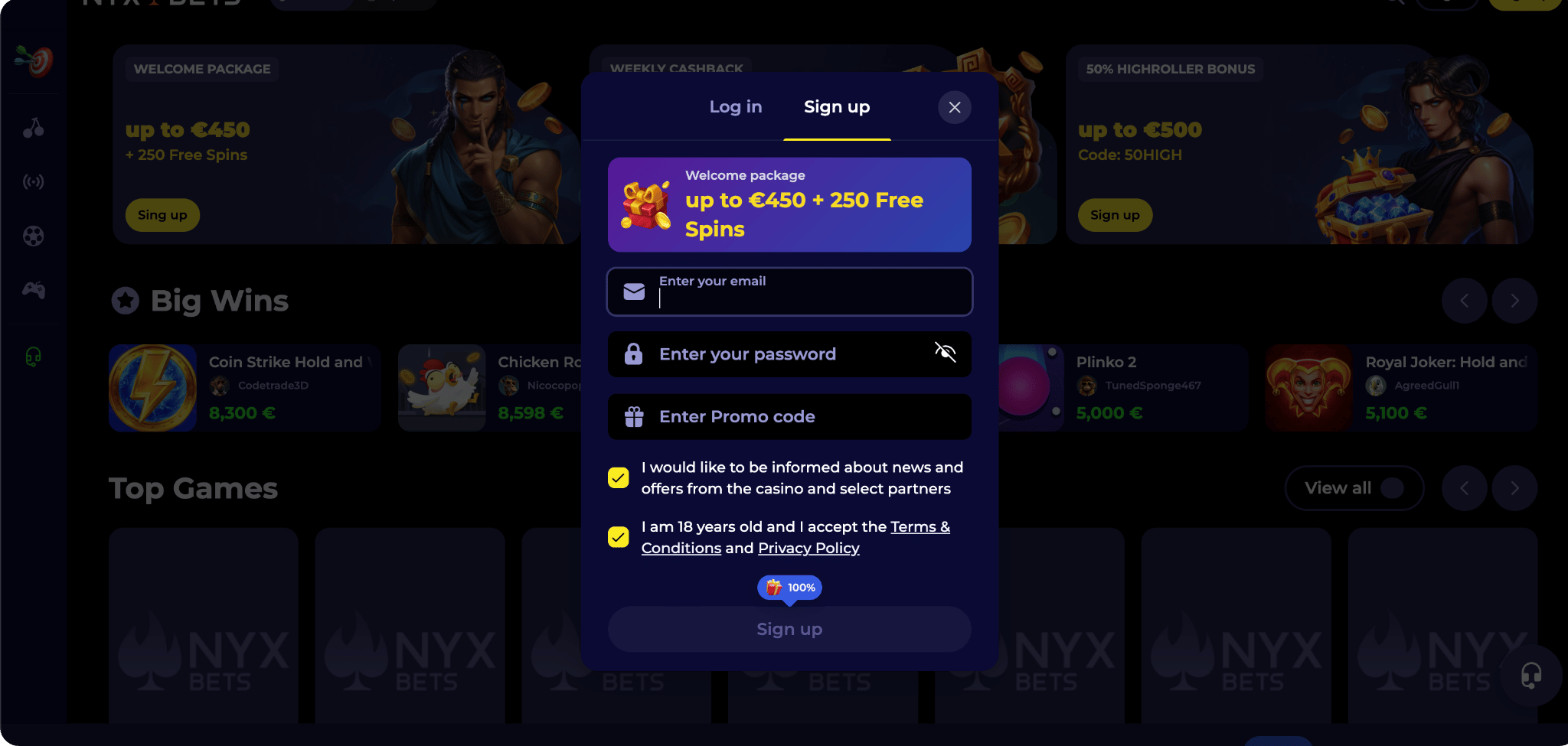 NYXBets screenshot van de registratiepagina